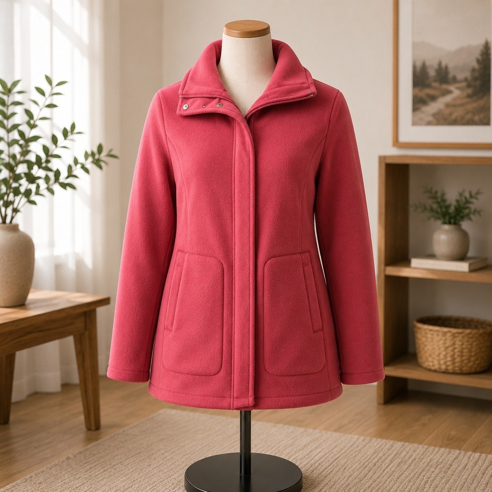 Denim & Co Fleece Jacket Womens Medium Red Full Zip Funnel Neck Sherpa Trim Coat
